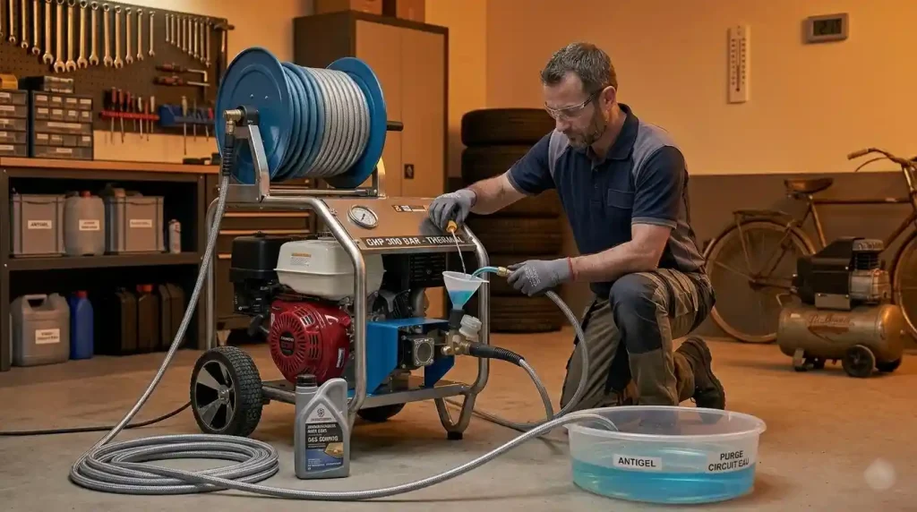 technicien hivernage nettoyeur haute pression thermique 300 bars purge circuit antigel garage