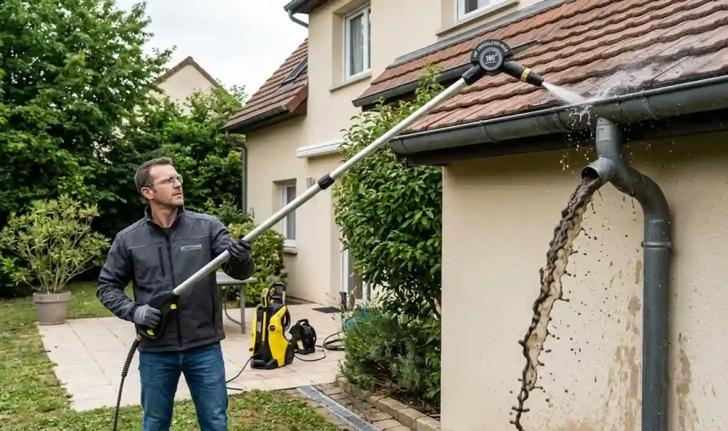 lance télescopique nettoyeur haute pression tête articulée 180° nettoyage gouttière maison depuis sol