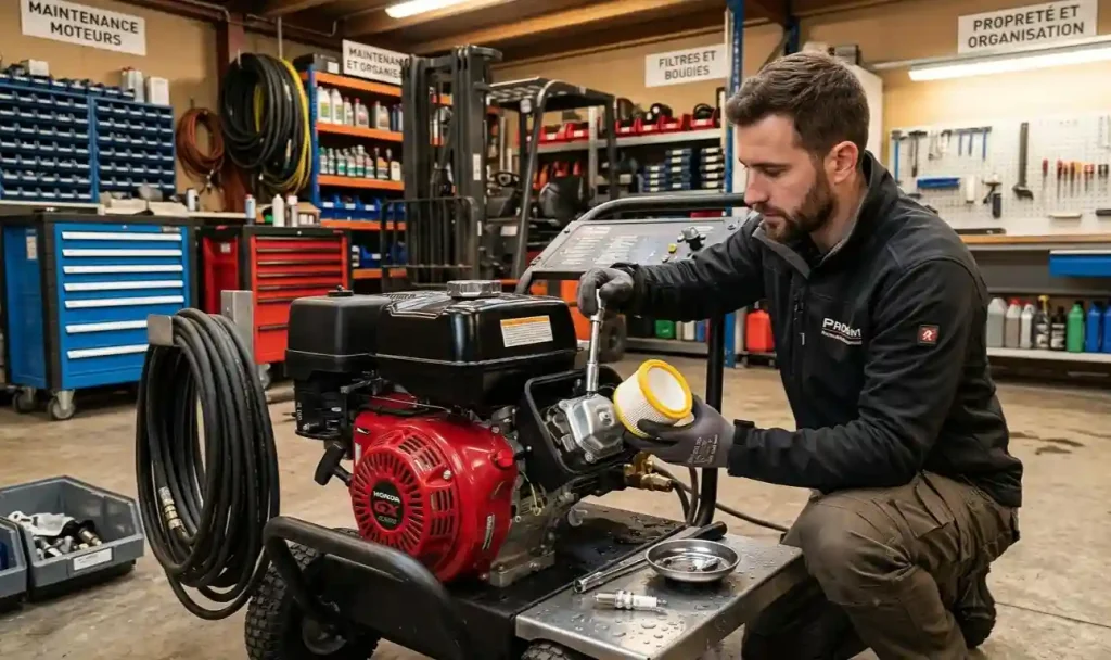 technicien remplaçant bougie et filtre air moteur
thermique nettoyeur haute pression professionnel