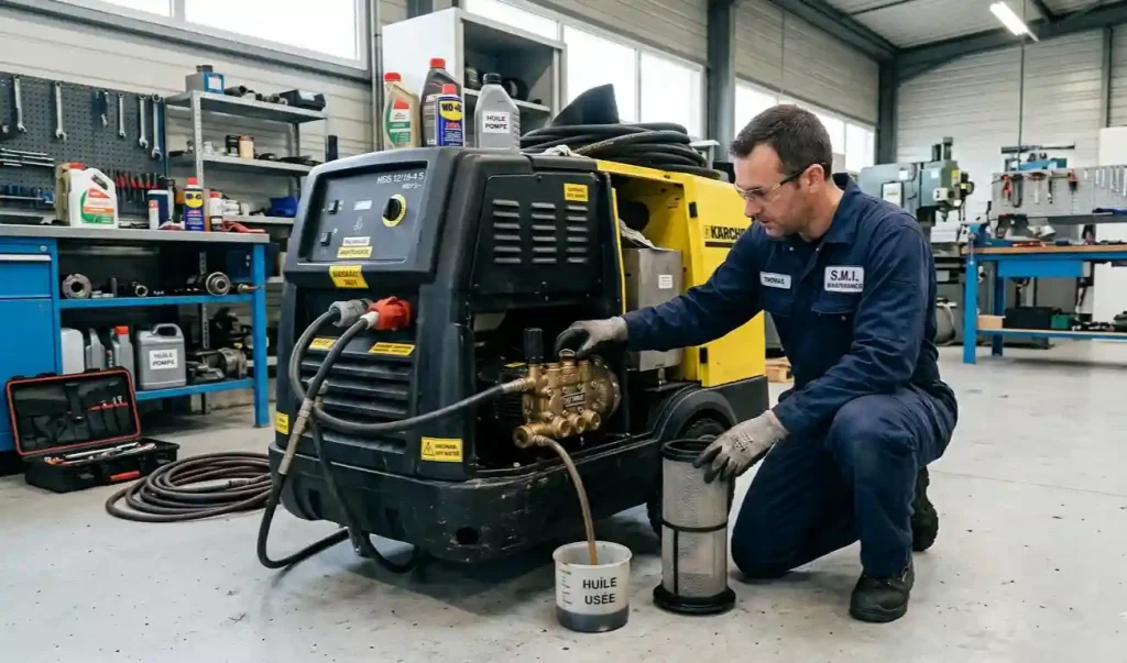 technicien maintenance préventive nettoyeur haute pression triphasé eau chaude filtre huile pompe