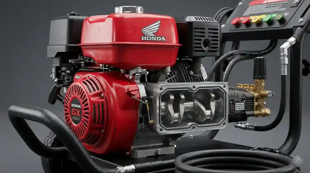 moteur Honda GX390 rouge avec une vue en coupe montrant le vilebrequin en acier. Le moteur est monté sur un châssis de nettoyeur haute pression professionnel avec pompe en laiton et buses de couleur en arrière-plan