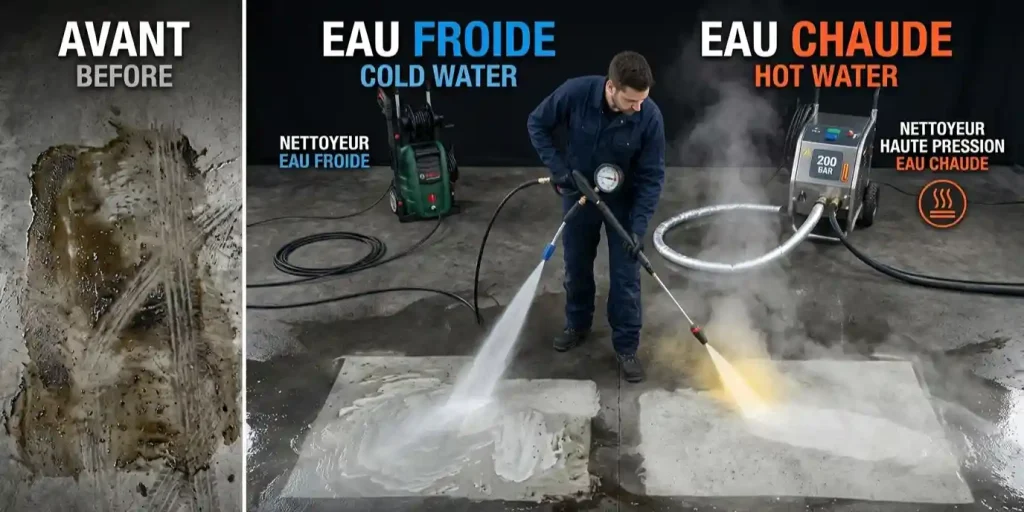 comparaison nettoyage haute pression eau froide versus eau chaude surface grasse garage avant après