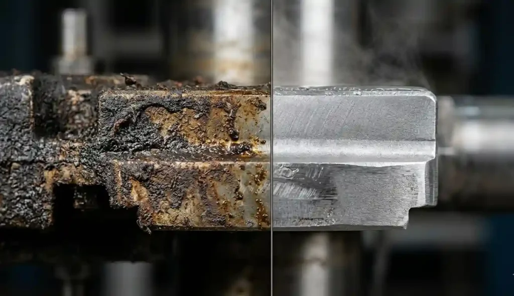 Comparatif avant/après nettoyage haute pression eau chaude sur une surface métallique industrielle saturée de graisse