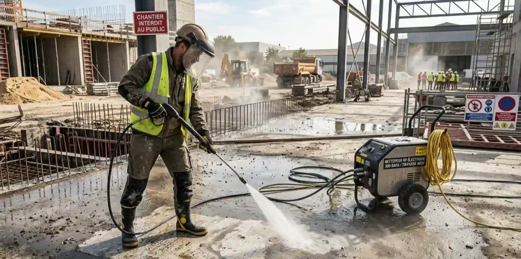 nettoyeur haute pression électrique 300 bars triphasé décapage béton chantier industriel opérateur EPI