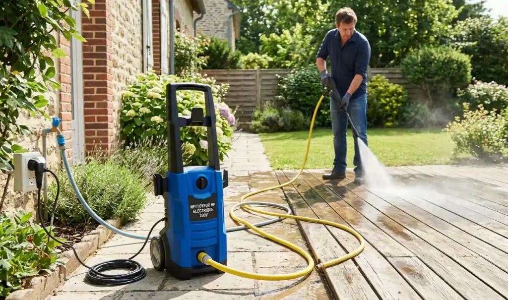 nettoyeur haute pression électrique monophasé 230V branché prise domestique jardin résidentiel