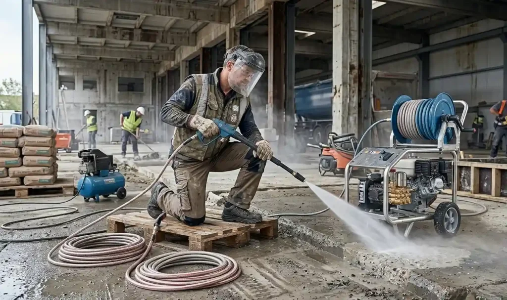 ouvrier utilisant nettoyeur haute pression thermique 300 bars décapage béton chantier industriel