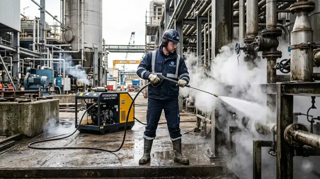 Ouvrier en tenue de protection utilisant un nettoyeur haute pression thermique eau chaude sur un chantier industriel
