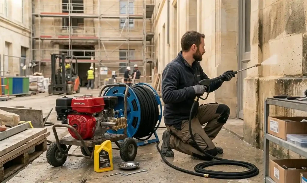 artisan utilisant nettoyeur haute pression thermique 
professionnel sur chantier façade pierre