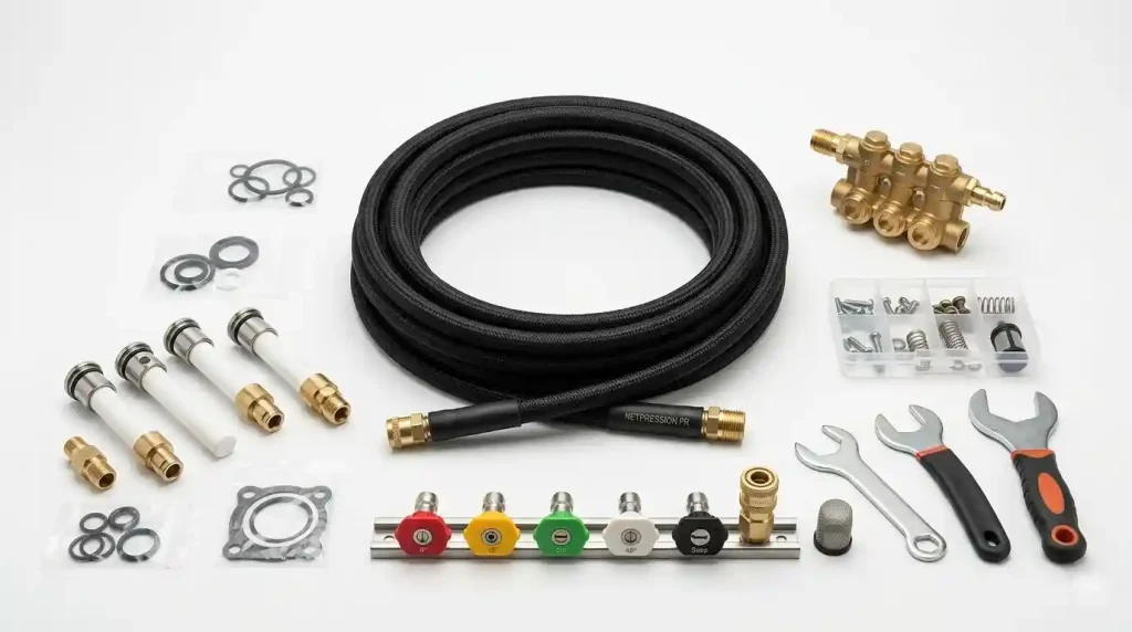 assortiment de pièces détachées pour nettoyeur haute pression thermique : joints buses flexible armé pistons