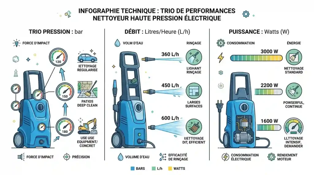 infographie technique pression débit puissance nettoyeur haute pression électrique