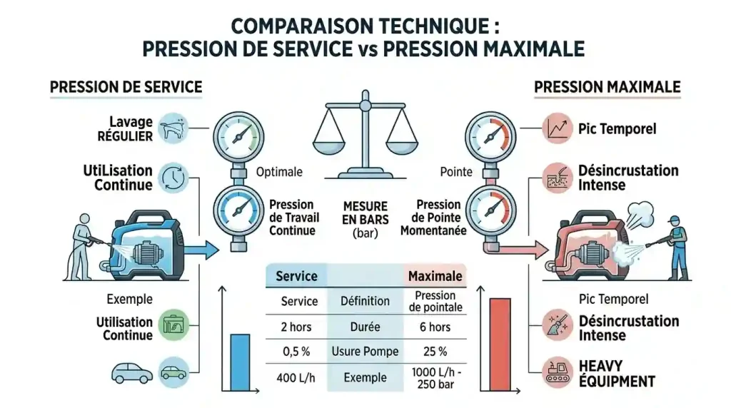 schéma technique comparaison pression service et pression maximale nettoyeur haute pression 300 bars