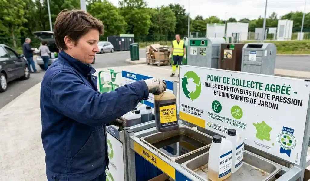 personne déposant huile usagée nettoyeur haute pression déchetterie point collecte recyclage