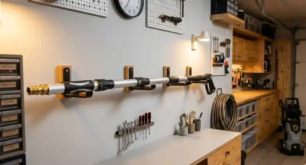 rangement horizontal lance télescopique nettoyeur haute pression garage atelier propre séchage segments