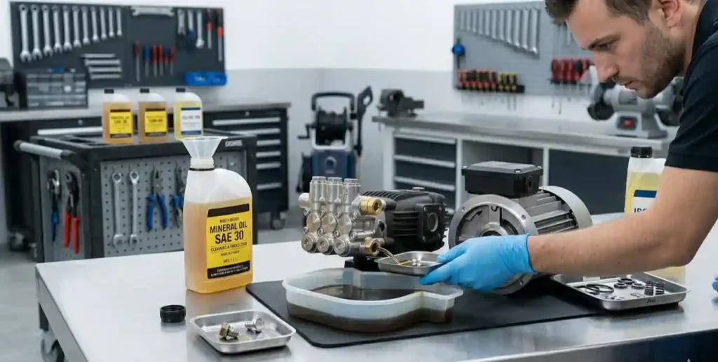 technicien vidange huile pompe nettoyeur haute pression électrique bouchon ouvert récupérateur