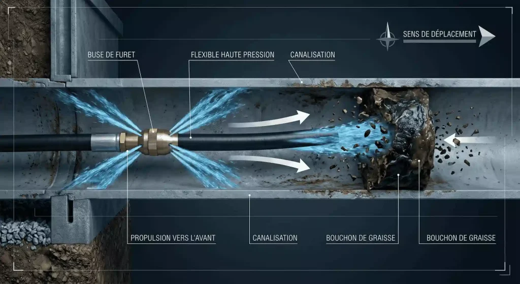 principe hydrocurage rétro-propulsion furet nettoyeur haute pression jets arrière canalisation